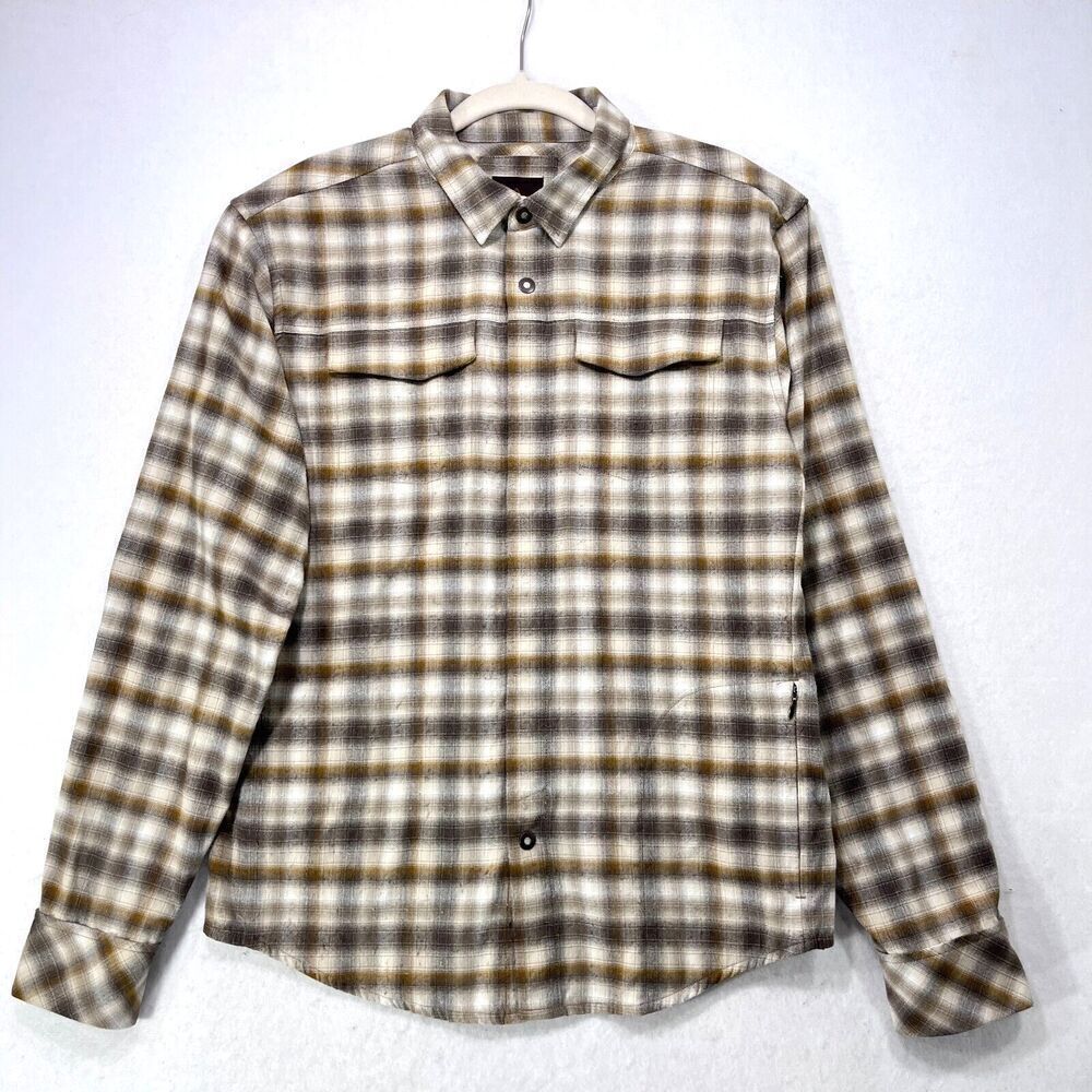Prana Shirt Men M Cream Tan Grey Plaid Flannel Outdoor Hiking Zipped Pockets